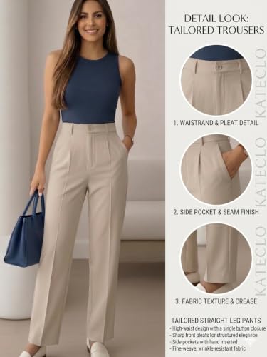 Image of KATECLO Women's Wide Leg Pants | Beige Polyester Trousers | Stylish Korean Clothing | Flared, Straight Fit, Baggy, and Loose Jeggings for Girls and Women