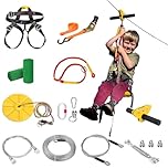 Zipline for Kids and Adult, Zip line Kits for Backyard with Stainless Steel Spring Brake, Cable Tensioning Kit, Safety Harness, 2 Tree Protectors and Full Set of Zip line Accessories (Yellow 105FT)