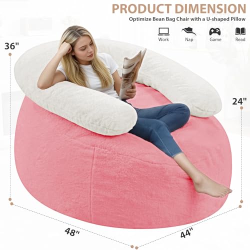 HABUTWAY Giant Bean Bag Chair, Oversized Beanbag Chair with Filler, Ultra Soft Faux Fur Bean Bag Lounge Floor Sofa w/U-Shaped Pillow for Gaming, Reading, Pink & Beige - Image 3