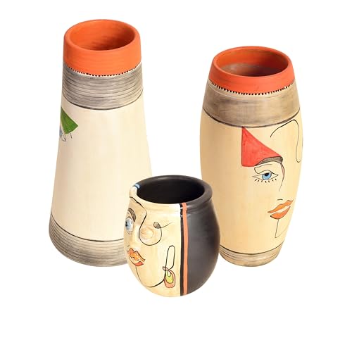 Image of Aakriti Art Creations Mohana-I Decorative Vases Set of 3 | Multicolor Terracotta Flower Vases | Matte Finish Modern Art Decorative Vases for Living Room, Table Decor & Gifting