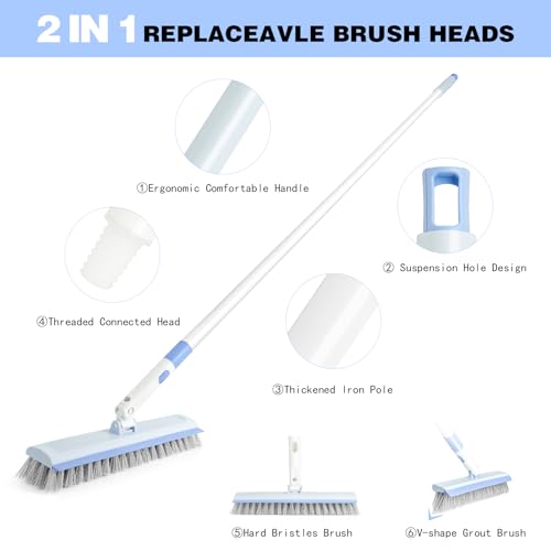 Image of Floor Scrub Brush and V-Shape Grout Brush with Long Handle 3 in 1 Replaceable Head Scrape Brush Stiff Bristle with Swivel Head for Cleaning Tiles Hardwood Floors Patios Blue