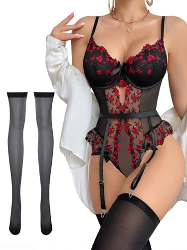 Image of Lilosy Sexy Stocking Lace Mesh Bodysuit Top Underwire Garter Lingerie Set 3 Piece