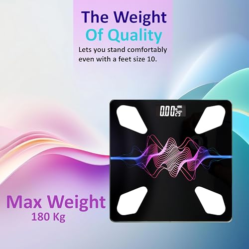 Image of Veeby Digital Electronic LCD Personal Health Body Fitness Weighing Scale, Weight Machine for Human Body | Accurate Scalling 0.05lb, Step-On Technology, 6mm Tempered Glass, 180 kg Capacity (3D Z-Black)