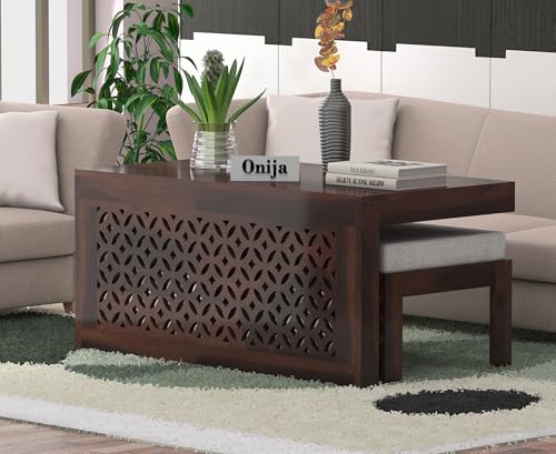 Image of ONIJA Modern Wooden Coffee Table with Carved Jali Design & Cushioned Stool | Center Table with Hidden Seating | Solid Wood Living Room Table (Walnut Finish)