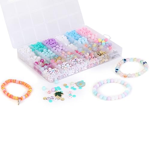 Image of Ambitieux All-in-One Bracelet Making Kit for Girls - 24 Grid Jewelry Set with 1000+ Beads, Alphabet Letters, Charms, Jump Rings, Tools & 2 Elastic Rolls - DIY Jewellery Craft Kit for Kids Age 6-12(Clay With 8mm)