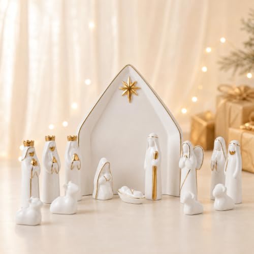 Image of NEROSUN Nativity Scene Set, 13Pcs White Ceramic Christmas Nativity Scene Tabletop Decorations, Miniature Holy Family Figurines for Holiday Table Mantel Decor Christmas Spiritual Gift