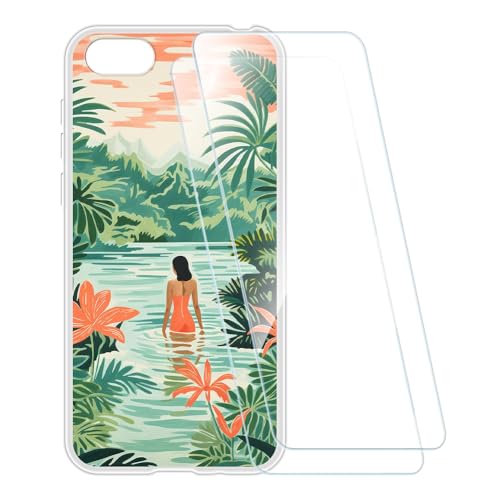 ESACMOT Printed Case + 2 Pack Screen Protectors Compatible with Huawei Y5 Prime 2018, Shockproof Pattern Soft Cover and HD Clear Tempered Glass Film (Swimming Women)