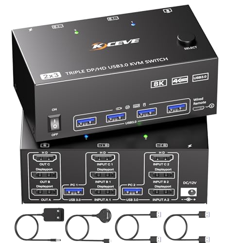 KVM Switch 2 PC 3 Monitores HDMI Displayport 8K@60Hz, MLEEDA Conmutador KVM para 2 PC Compartir 3 Monitores y 4 Dispositivos USB3.0, con control remoto cableado, alimentación 12V y 4 cables USB