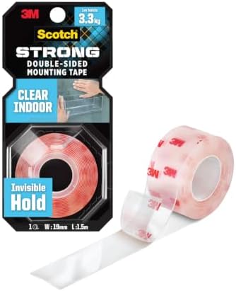 3M Scotch Transparent Double-Sided Tape, 1M Holds 3.3 Kg, Invisible Finish, for Indoor Hanging Applications, Works on Uneven Surfaces, Heavy Duty, Strong Adhesive, (L: 1.5m, W: 19mm), Transparent