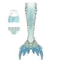 Sirène Maillot de Bain Femme 3 Pieces Sexy,Ensemble Bikini Push up à Volants Halter Maillot de Bain Taille Haute écailles De Poisson Imprimé Fantaisie Costume pour Piscine (Light Blue, S)