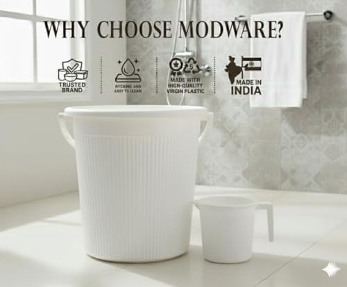 Image of MODWARE Plastic Bucket Set with Mug, 25L Bucket with 1.5L Mug, Polypropylene, Round Shape, (White, 25 L)