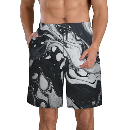Black White Marble Print Stylish Beach Shorts Swim Trunks Lightweight Breathable Summer Outdoor Activities