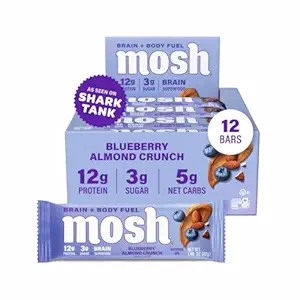 MOSH Blueberry Almond Crunch Keto Protein Bars, High Fiber, Low Carb, Gluten Free, High Protein, Brain Healthy Snack, 12 Count