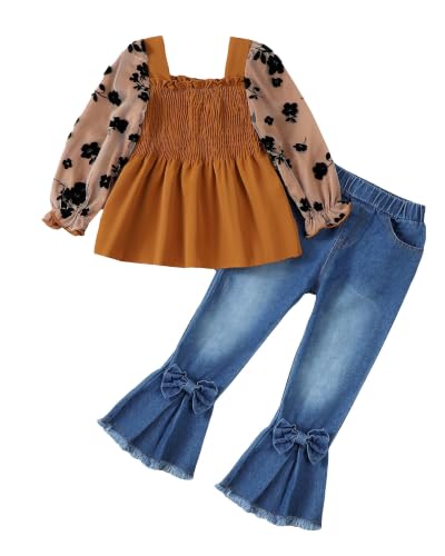 Image of Kucnuzki Toddler Kids Girl Clothes Long Sleeve Shirt Tops Baggy Jeans Cute Pants Set Baby Girl Outfit 2 Piece Clothing