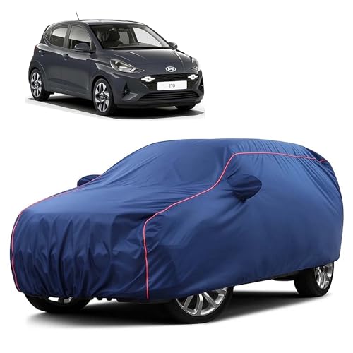 Image of Sulfar 100% Water Resistant Car Body Cover Compatible with Mirror for Hyundai i10 (Triple Stitched, Full Bottom Elastic, Blue Taffeta with Red Piping)