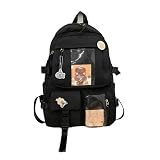 Mochila Feminina Escolar Grande Capacidade Impermeável Estilo Casual Coreano para Escola, Faculdade e Passeios(PRETO JIN33)