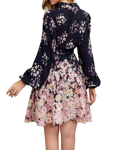 Image of Women Long Sleeve Spring Button Down A-Line Floral Print Summer Cocktail Shirt Dresses with Belt