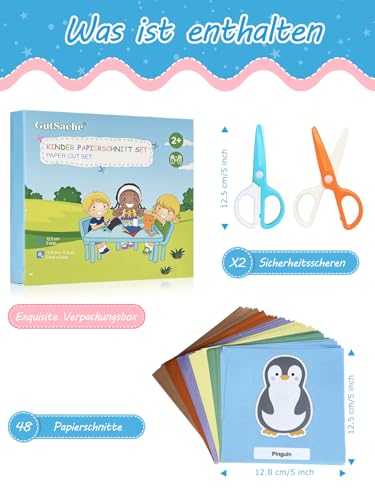 GutSache Kinderschere Set mit 2 Scheren und 48 Bastelpapier, Bastelset für Kinder ab 3 Jahre, Montessori Lernspielzeug für Feinmotorik, Vorschule & zu Hause, Ideales Mitgebsel Gastgeschenk