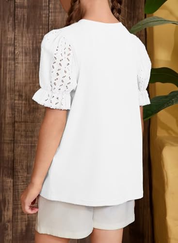 Girls Summer Shirts Cute Hollow Out Puff Short Sleeve Tops Casual Crewneck Tee Blouse 6-15 Years3