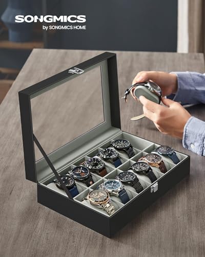 SONGMICS Watch Box, 12-Slot Watch Case with Large Glass Lid, Removable Watch Pillows, Watch Box Organizer, Gift for Loved Ones, Black Synthetic Leather, Gray Lining UJWB12BK2