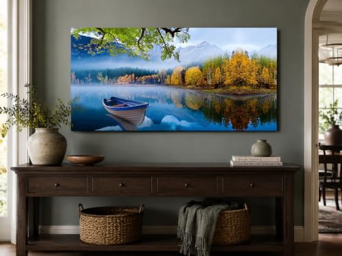 Image of Arjun Lake Canvas Wall Art Landscape Blue Boat Painting Framed Large 48x24 | Wall Art for Living Room Picture Bedroom Nature Mountain Artwork Modern Nature Scenery Home Office Dining Room Wall Decor