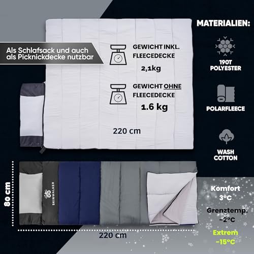 SkinWalker Schlafsack Winter Outdoor bis −18 °C mit Abnehmbarer Fleecedecke | Winterschlafsack für Erwachsene | 3–4 Jahreszeiten Sleeping Bag & Deckenschlafsack Schlafsack Sommer & Winter (blau-grau)