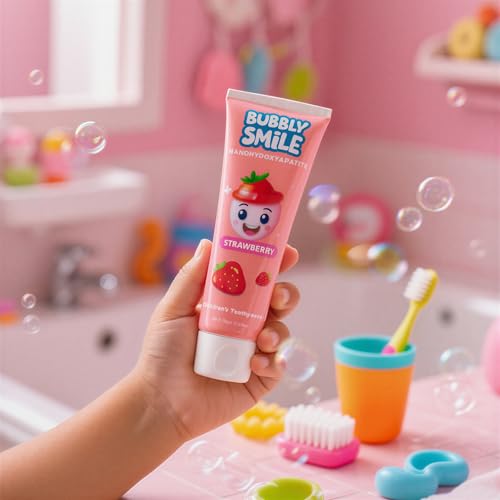 Bubbly Smile Kids Toothpaste Set - 2 Pack Nano Hydroxyapatite Toothpaste (5.3 Oz Total) + 1 Bonus Soft Toothbrush | Fluoride-Free | Glycerin Free | Strawberry Flavor, Safe to Swallow — view 4