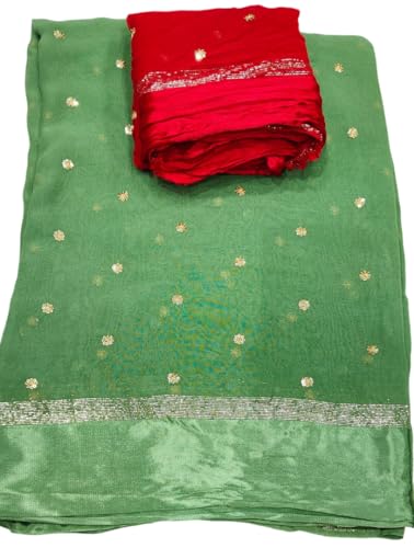 Image of Pure Georgette Sequence Work Saree with Contrast Blouse, Satan Patta Fabric
