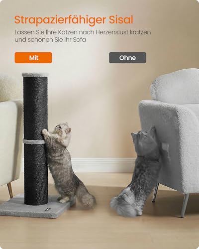 Feandrea Kratzbaum, 85 cm hoch, Kratzsäule XXL, 17 cm Dicker Stamm, Katzenbaum, Kratzstamm auch für große Katzen wie Maine-Coon-Katze, Sisalstamm, mit Plüschball und Glocke, tintenschwarz PCA042B101