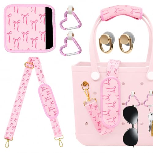 Image of LBU Strap for Bogg Bag Accessories with Handle Wrap, Detachable Shoulder Pad, 2Pcs Key Holders Adjustable Crossbody Shoulder Strap Wrap for XL /Medium /Small Rubber Tote Beach Bog Bags (Pink Bow)