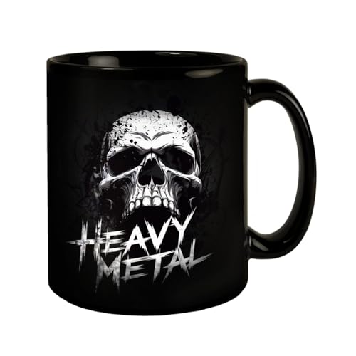 Taza de café negra con diseño de calavera pesada de metal pesado con diseño de calavera distintiva, compañera perfecta
