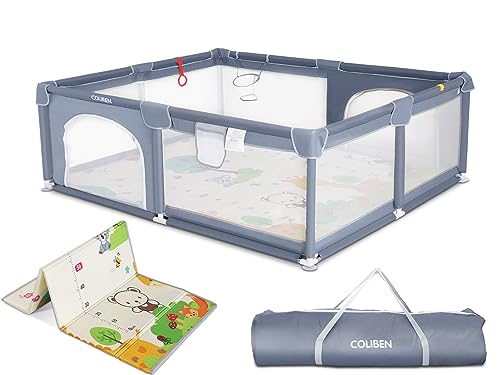Image of COLIBEN Baby Playpen with Folding Mat, 59" x 59" x 26.5" Playpen for Babies and Toddlers with Zipper Gate Anti-Slip Suckers, Safety Baby Playard Fence Activity Center for Indoor and Outdoor Use