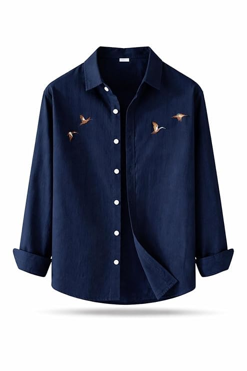 Image of Men's Cotton Blend Casual Wear with Bird Embroidery | Regular Fit Full Sleeve Button Down | Lightweight Summer Style for Daily, Office & Party