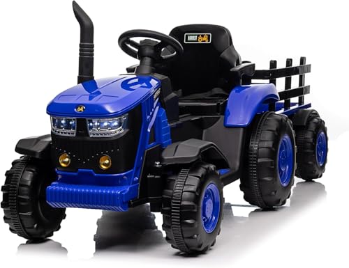 12V Ride on Tractor and Trailer, Battery Powered Electric Kids Toy Car with Remote Control, LED Lights, USB & Bluetooth Music, 6 Wheels Ride on Toys for Children Boys Girls Gift Ages 3+