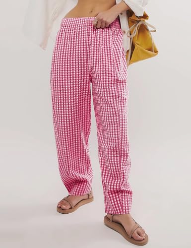 Image of PEHMEA Cotton Gingham Boxer Pants for Women Casual Plaid Harem Trousers Y2K Beach Lounge Bottoms with Pockets