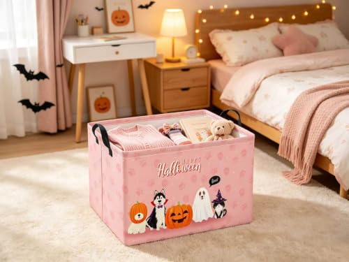 Image of Halloween Basket Cute Baskets for Kids Pumpkin Basket Rectangular Storage Bin Organizer Box Room Decor(Pink Dog Halloween)