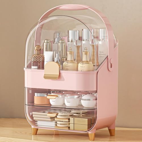 SIOOUI Makeup Organiser, Skincare Organiser with Lid and Drawers, Bathroom Counter Organizer Perfume Makeup Storage, Large Cosmetic Display case for Dresser, Bathroom Countertop (Pink) SIOOUI Makeup Organiser, Skincare Organiser with Lid and Drawers, Bathroom Counter Organizer Perfume Makeup Storage, Large Cosmetic Display case for Dresser, Bathroom Countertop (Pink)