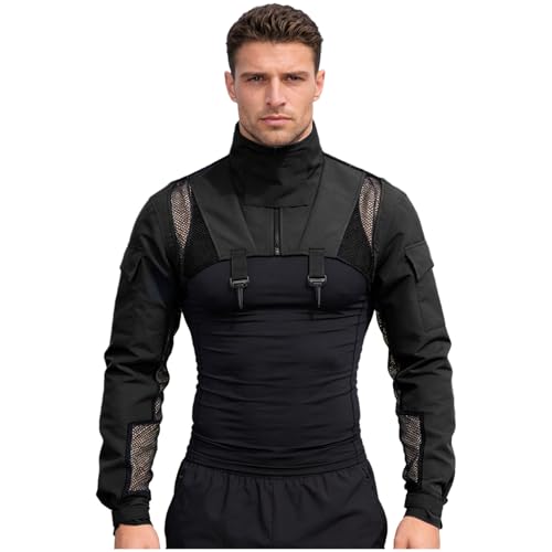 Rswnyirn Men Ripstop Military Jacket Long Sleeve Quarter Zips Motorcycle Zip Up Front Armor Black M