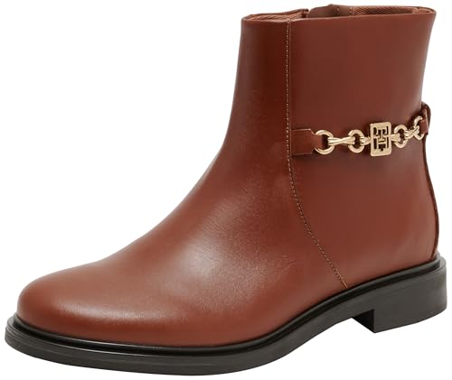 Tommy Hilfiger Botines Mujer Chain Low Bootie de piel, Marrón (Cognac Brown), 39 EU