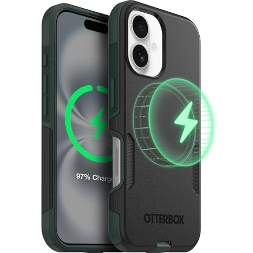 Image of OtterBox iPhone 16 (Only) - Commuter Series Case - Built-in MagSafe - Thin, Dual-Layer, Pocket-Friendly, Port Cover - Forest Night (Black /Green)