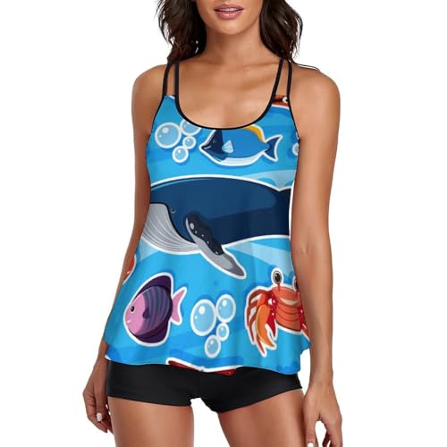 Maillot de bain tankini femme short de garçon ensemble 3 pièces et robe de plage imprimé marin