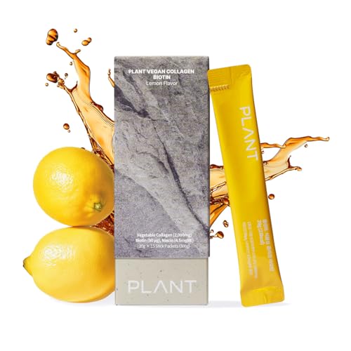 PLANT Vegan Liquid Collagen + Biotin + Niacin | 2,000mg Hydrolyzed Collagen Peptides | Kosher & Halal Certified| Lemon Flavor| Skin, Hair & Nail Support| 363Da Ultra Low Molecular |15 Stick Packs