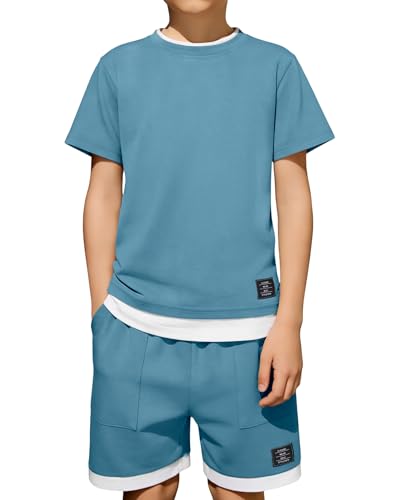 Latnnut Boys 2 Piece Outfit Short Sleeve Tee Shirt and Shorts with Pocket Set Sport Tracksuit Teen Boy Summer Outfits Kids Athletic Sets Boys Clothes Size 7-8