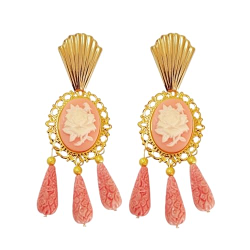 Pendientes de flamenca color coral camafeos con 3 lágrimas (Grande)