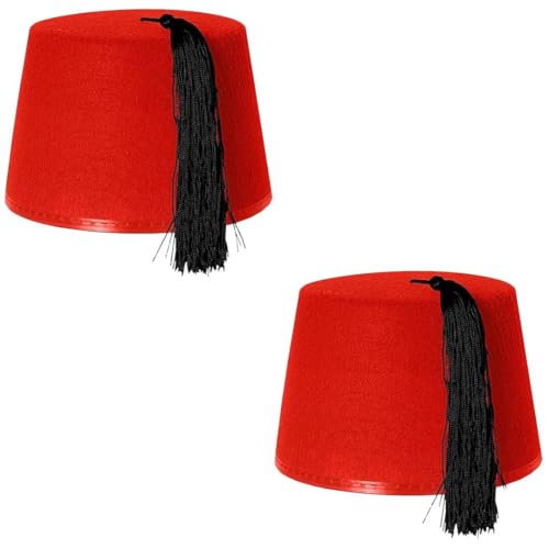 Lot de 2 chapeaux de Fès en feutre rouge avec pompon noir – Couvre-chef emblématique turc et arabe – Parfait pour les voyages dans le temps, les...