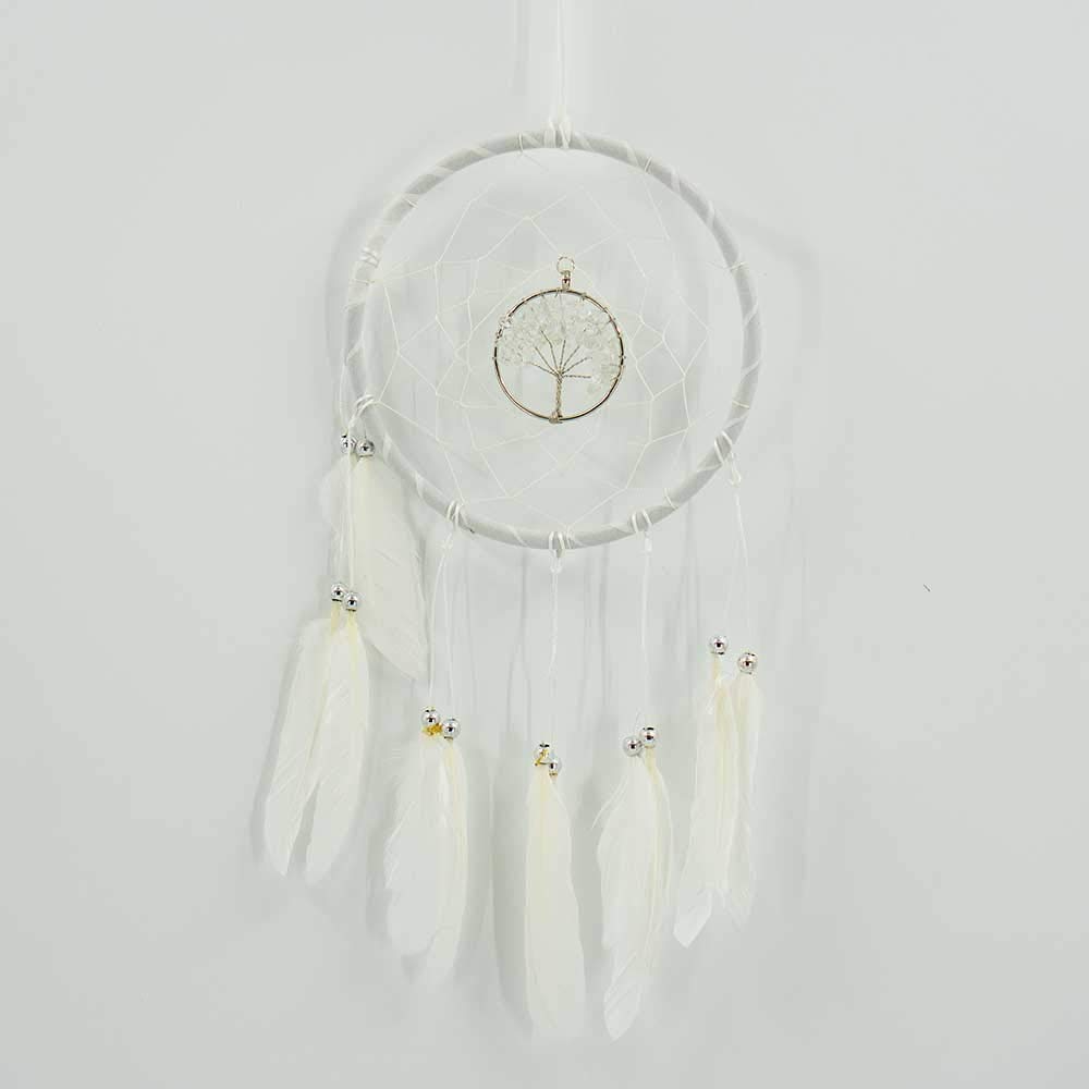 AngraveHome White Beaded Tree of Life Dream Catcher Hanging Feathers & Woven Net