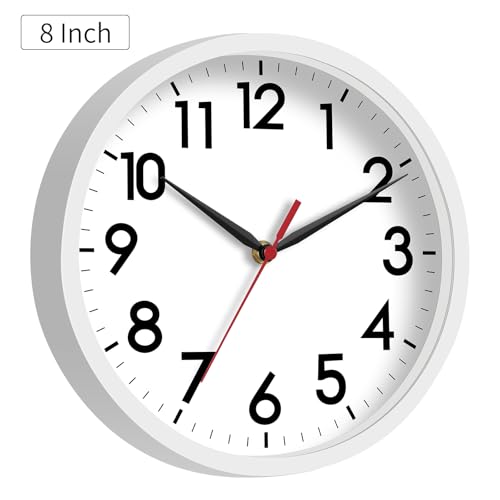 Image of AKCISOT Wall Clock, Modern Small Wall Clocks Battery Operated 8 Inch, Silent Non-Ticking Analog Classic for Office, Home, Bathroom, Kitchen, Bedroom, School(White)
