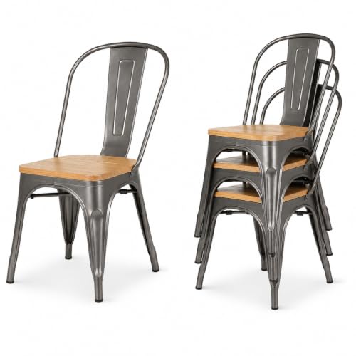 Kosmi Lot de 4 Chaises Industrielles Factory Métal Brut Gris et Bois Massif Clair – Empilables – Style Loft Vintage – Structure Acier Verni Aspect Brut...