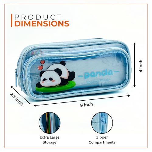 Image of Alokik Enterprise Cute Cartoon Pencil Pouch with Double Zipper & Transparent Window, Large Capacity Fabric Pen Case for School, Office, Students, Kids & Teens (Panda Have Fun with You Sky Blue Pouch)