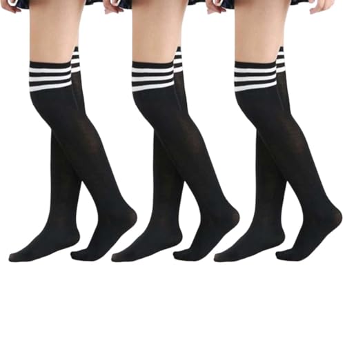 GNALIA Chaussettes Hautes Femme 3 Paires, Noires À Rayures Blanches Taille Unique, Mi-Bas Pour...
